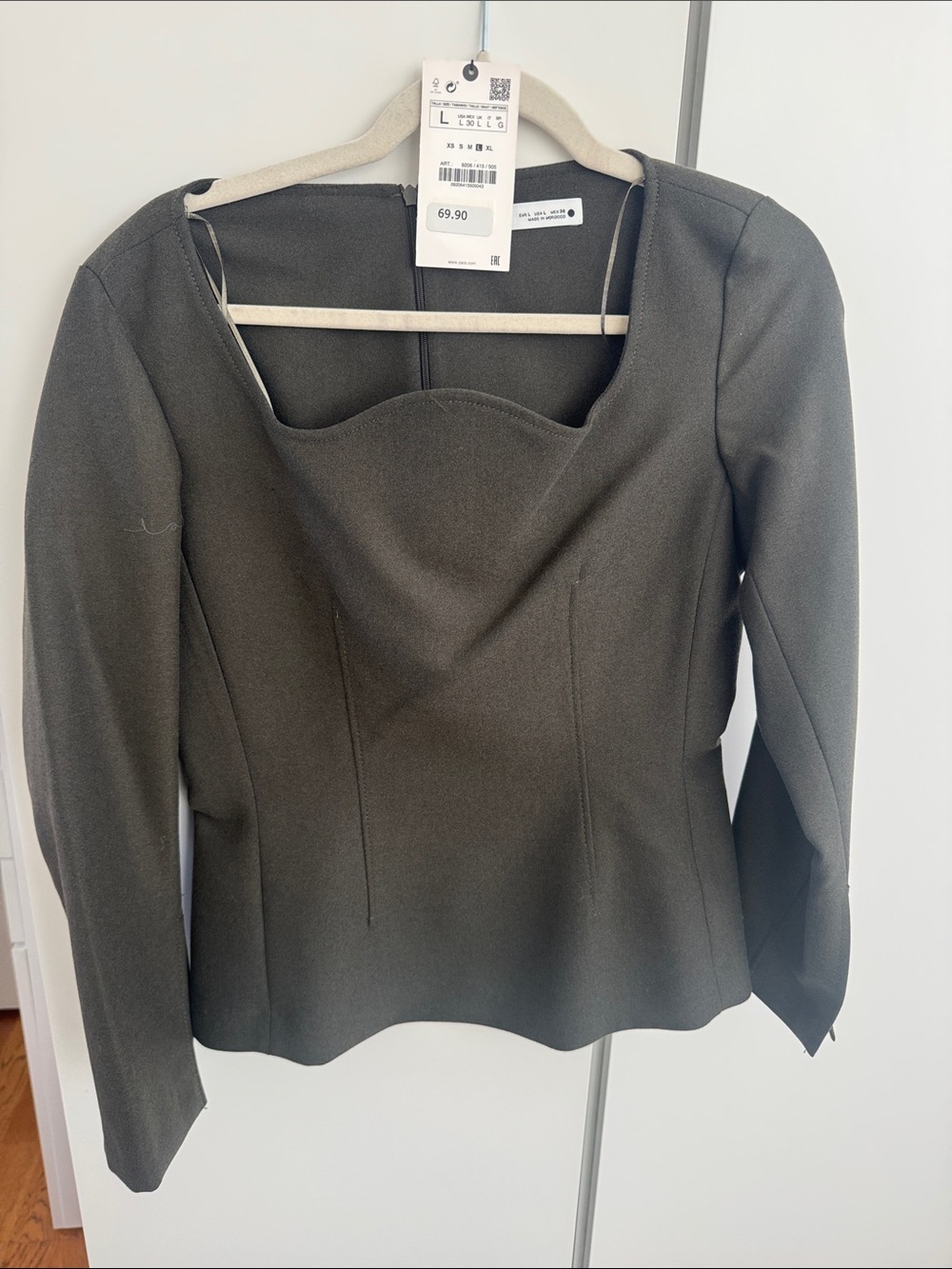 Zara Olive Green Sculpted Square-Neck Long Sleeve Top